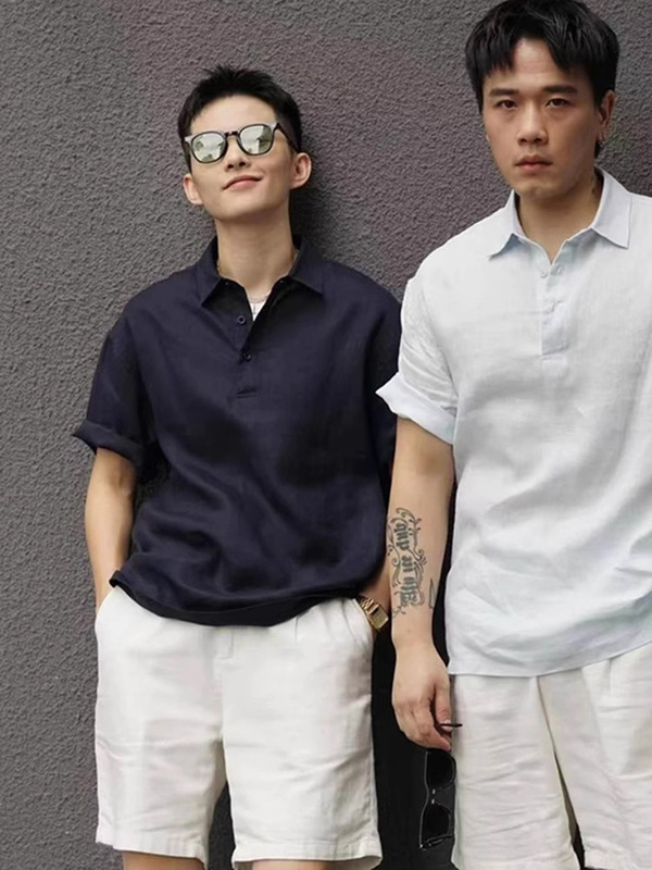 藏青色亚麻短袖衬衫男款夏薄款透气速干polo衫美式老钱风棉麻t恤|undefined
