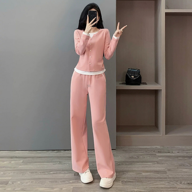 2025 Autumn Salt Style Casual Sports Suit Women's Fashionable Age-Reducing Pink Long-Sleeved Top Wide-Leg Pants Two-Piece Set 2025 Autumn Salt Style Casual Sports Suit Women's Fashionable Age-Reducing Pink Long-Sleeved Top Wide-Leg Pants Two-Piece Set