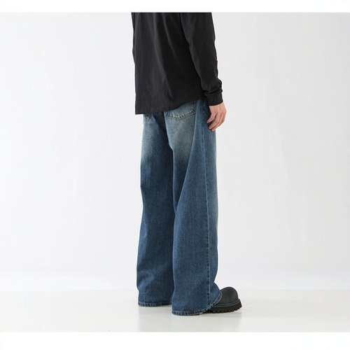Cross-border new men and women unisex four-season items, retro Hong Kong style, worn-out loose wide-leg floor-length jeans wholesale