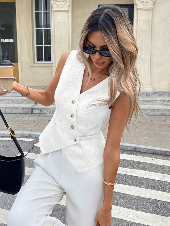 Women's Clothing Women's V Neck Sleeveless Cardigan Vest Irregular Slanted Button Waist Cinching For Formal & Casual For Women_ecoleips.com
