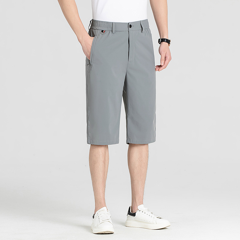 Men's Summer Loose Thin Ice Silk Cropped Pants, Light Business Casual Shorts, Youth Three-Dimensional Waistband Cropped Pants