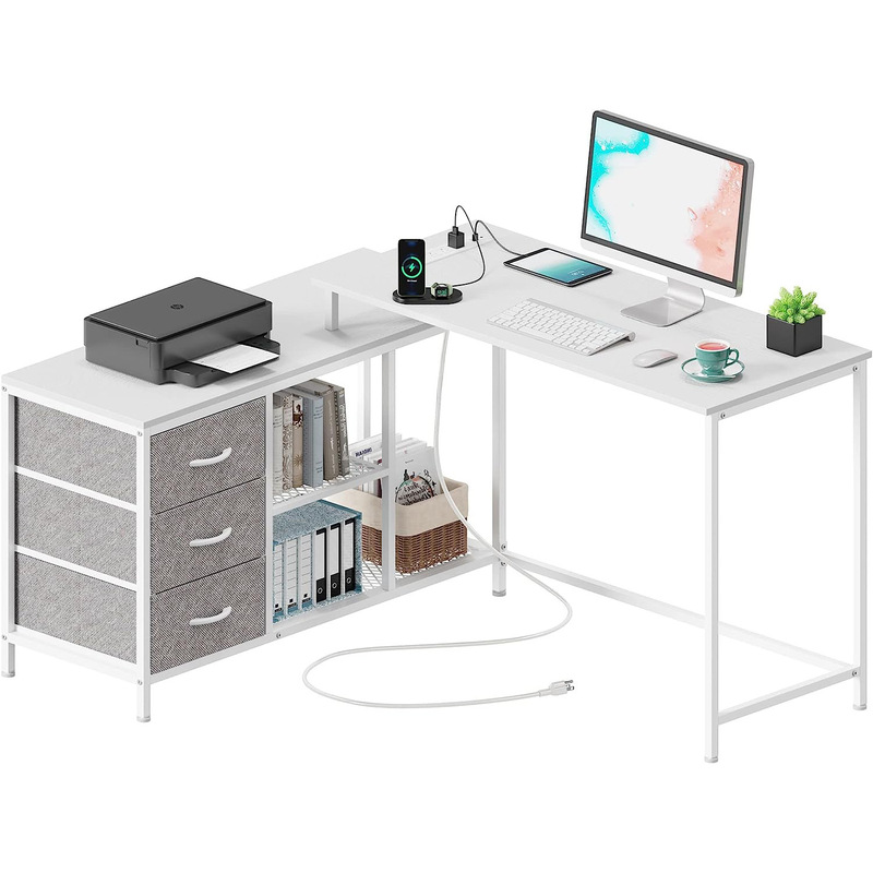 Home Office Gaming Desk with Power Sockets and USB Ports Small L-Shaped Computer Desk with Led Strip and Headphone Hook