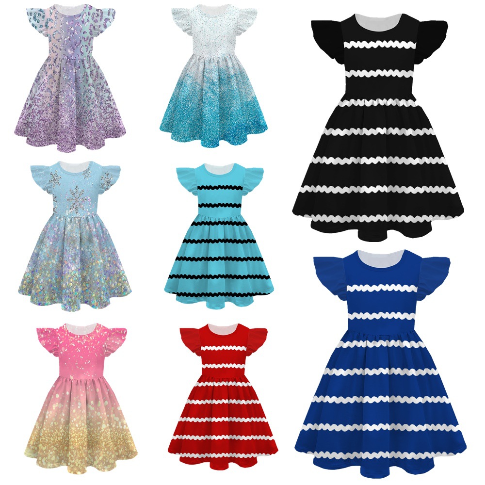 2024 Cross Border Summer Color Children's Dress 3D Digital Printing Cute Line Princess Dress Flying Sleeve Girl's Dress