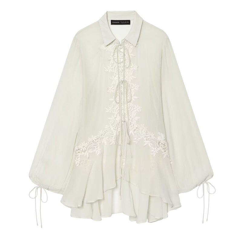 MYST&ZA Autumn New Women's Clothing: Puff Sleeve, Turn-down Collar, Lace Embroidery, Asymmetrical Hem Shirt 5919203