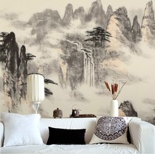 新中式水墨家居酒店背景影视墙古典山水墙纸壁画壁纸无缝墙布