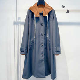 2025秋冬新款氛围感撞色假两件大衣女高个子美女气质穿搭连帽风衣