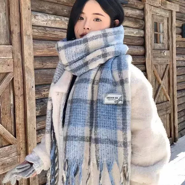 Winter Korean Style Sweet Wide and Narrow Pink and Blue Plaid Mohair Scarf for Men and Women, Fashionable and Versatile Shawl for Couples