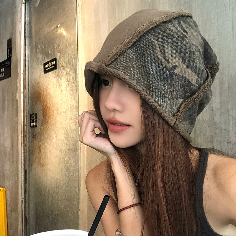 韩版卷边迷彩堆堆帽女早秋遮阳大头围显脸小辣妹包头帽月子帽冷帽|undefined