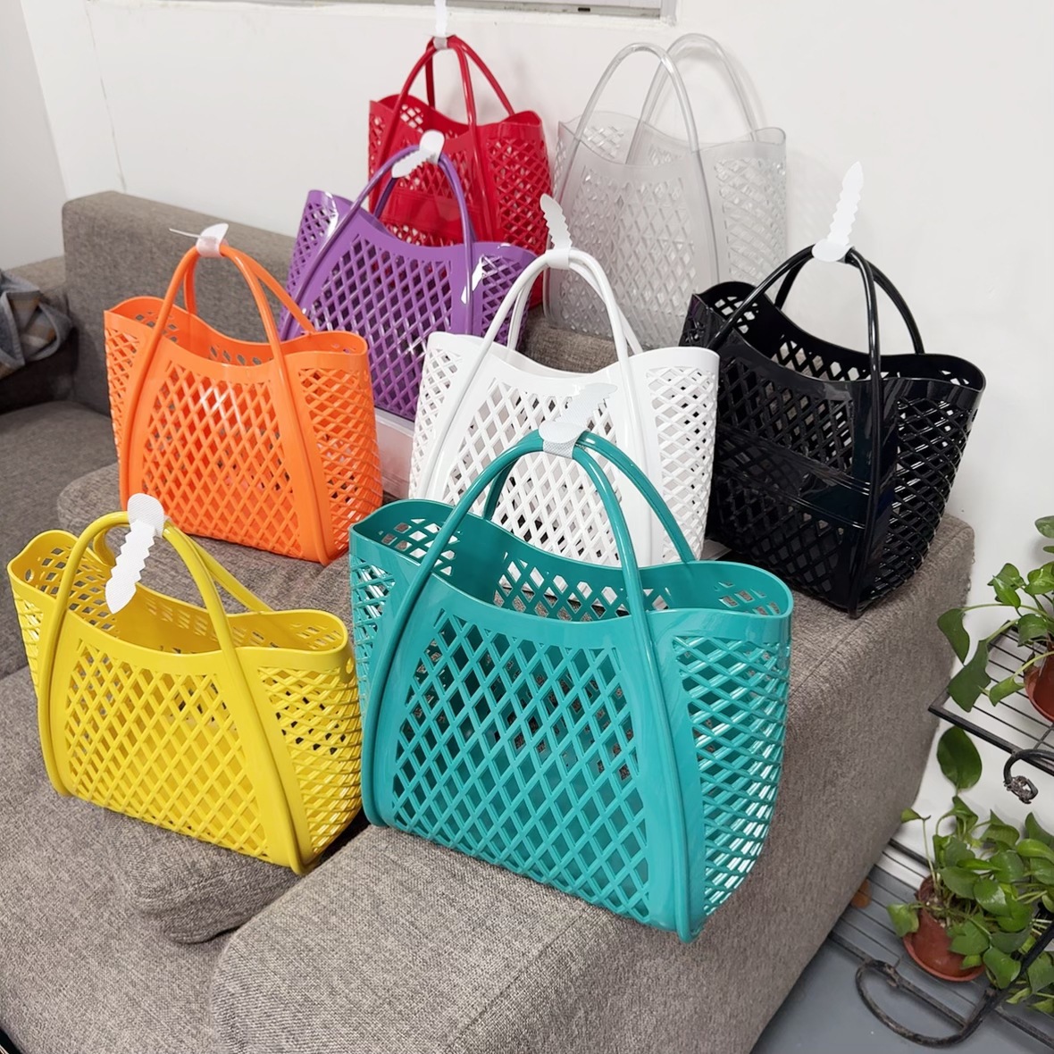Jelly bag, handbag, silicone hollowed-out vegetable basket bag, picnic bag, shopping basket, PVC beach bag, washbasin basket, bath Specification drawing