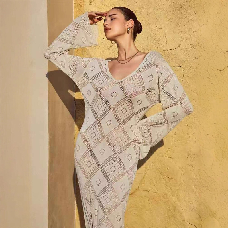 European and American New Style Bohemian Hollow Long Seaside Beach Vacation Style Thin Knitted Dress
