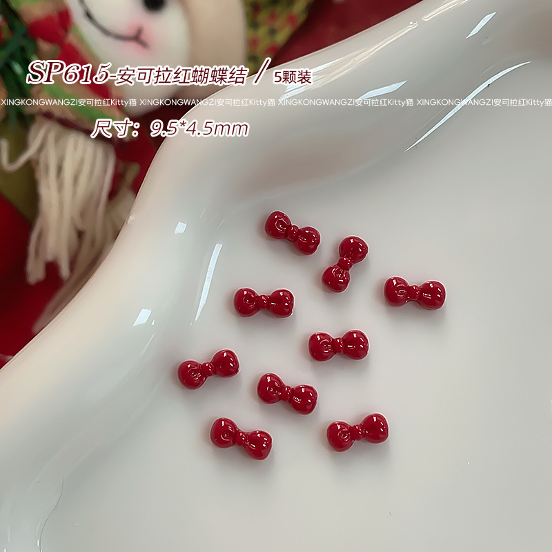 安可拉红凯蒂猫卡通美甲饰品网红kitty猫红色蝴蝶结新年指甲钻饰|undefined