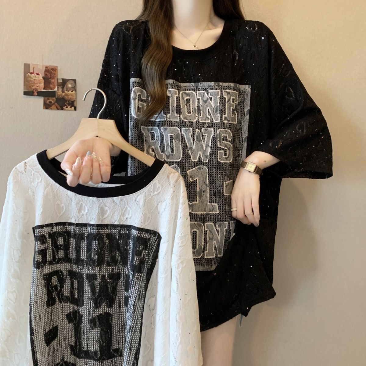 Camiseta de manga corta de encaje gypsophila de gran tamaño para mujer 2024 verano nuevo estilo suelto y delgado mm top estampado para mujer ins