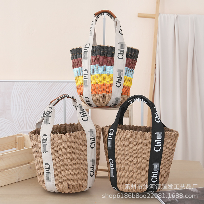 Creative Letter Ribbon Shoulder Bag Simple and Generous Women's Bucket Bag Commuter All-match Large Capacity Handheld Straw Bag