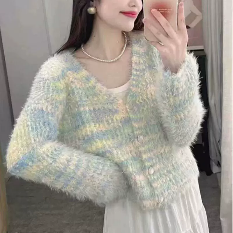 甜美仿水貂绒彩虹花纱毛衣开衫女秋冬季新款软糯慵懒风针织外套女