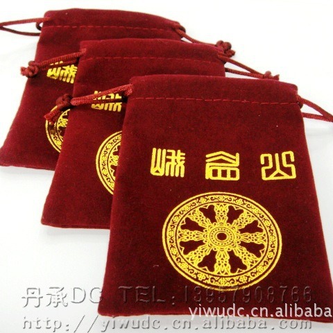 中号枣红色烫金经编绒布袋福袋收纳包装绒布袋拉绳束口袋