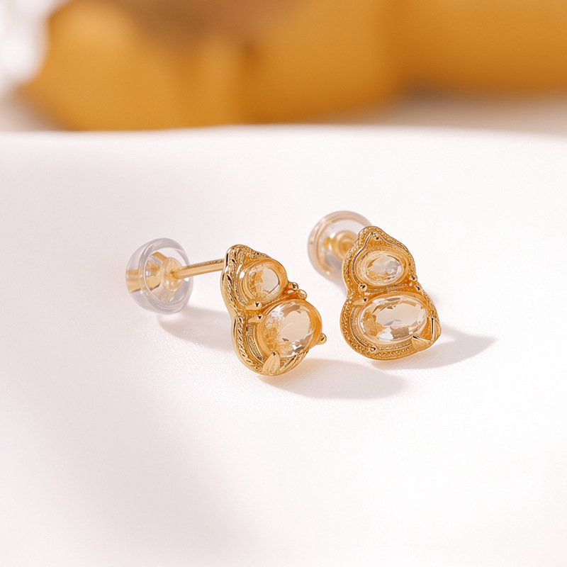 Khuyên tai nữ bạc S925 đính đá pha lê vàng hình hồ lô phong thủy — Cặp đôi