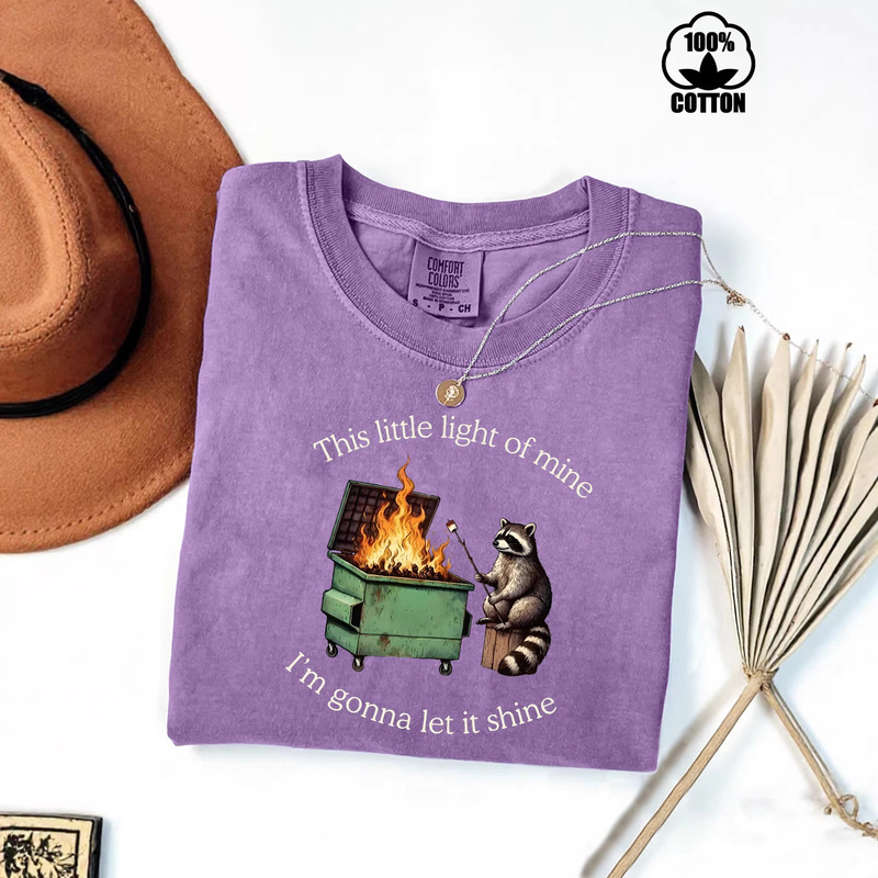 Cross-Border Trade Pure Cotton Washed "Trash Can Fire" Raccoon T-Shirt Short-Sleeve Women's Fashion T-Shirt Loose Top for Women