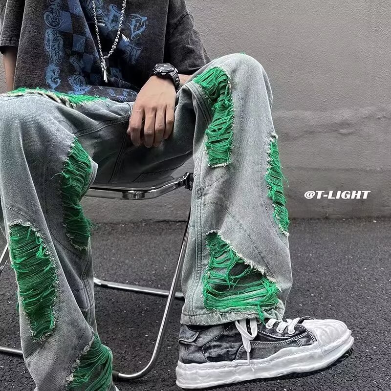 boy Cross-Border Green Ripped Jeans Men's Spring Autumn Trendy Brand European And American High Street Frayed Edge_viptrois.com