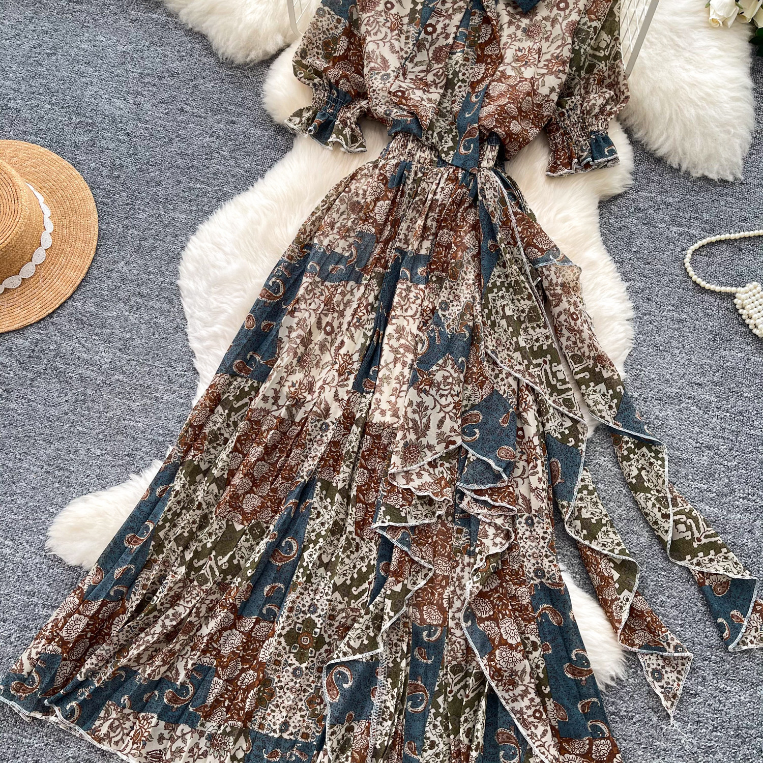 Retro Printed Dress Short Sleeved a Line Skirt Long Slimming Elegant Summer Women's Clothing_ecoleips.com