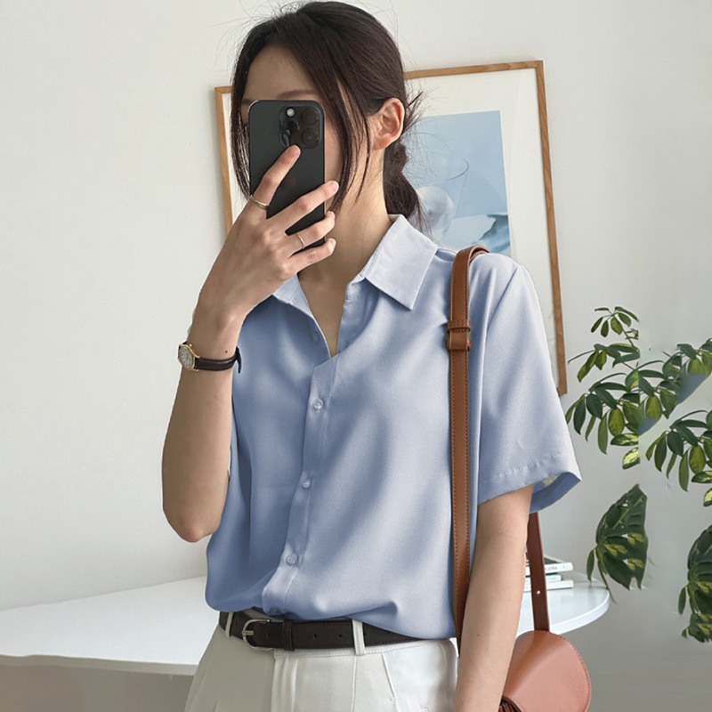 韓国版通勤ルーズ半袖シャツ女性用 2025 夏薄いデザイン多用途ファッショナブルな甘い年齢軽減シャツ|undefined