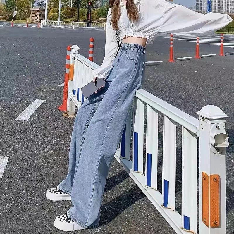 女性用ハイウエストワイドレッグジーンズ2025春新作多用途ルーズストレート韓国風ドレープフロアレングスパンツ|undefined