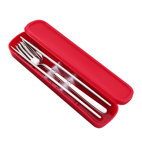 304 stainless steel portable tableware three-piece set chopsticks spoon fork set student tableware storage box gift