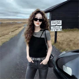 木耳边拼接假两件短袖t恤女2026夏季新款设计感独特气质显瘦上衣