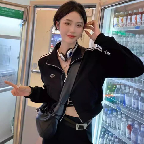 Spring and Autumn Korean Version Short Zipper Sweatshirt Outerwear for Women, Thin Version, Small Figure Long Sleeve Cardigan Sport Top for Women, Fashion