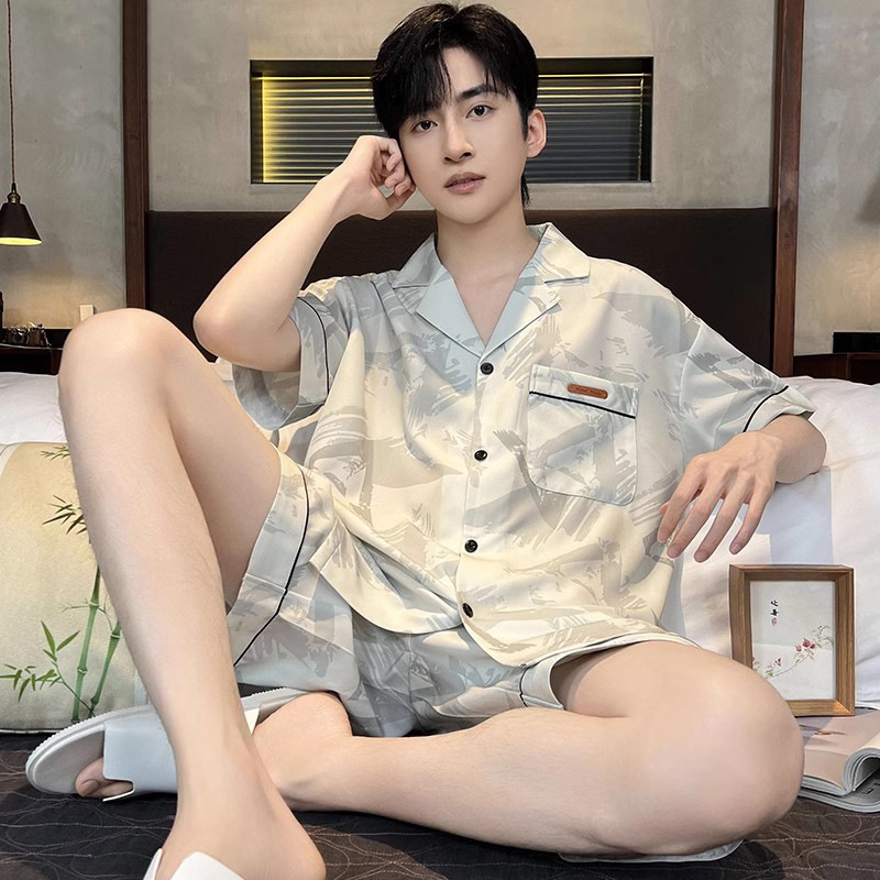 睡衣男士夏季2025新款冰丝短袖薄款夏天青少年男生家居服丝绸套装|undefined