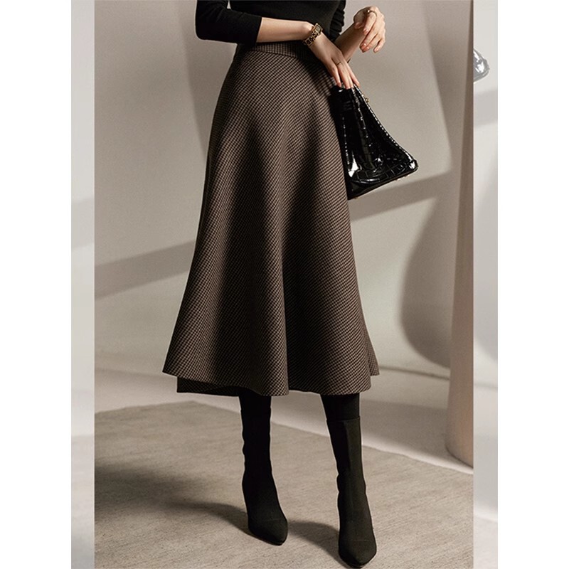 Houndstooth Woolen Skirt for Women 2025 Autumn and Winter New High-Waisted Large Hem A-Line Skirt Work Clothing Casual Mid-Length Umbrella Skirt