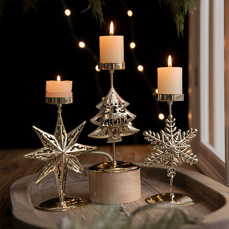 New Christmas Candlestick Window Gold Ornaments Iron Christmas Decorations Layout Atmosphere Candle Tray Retro