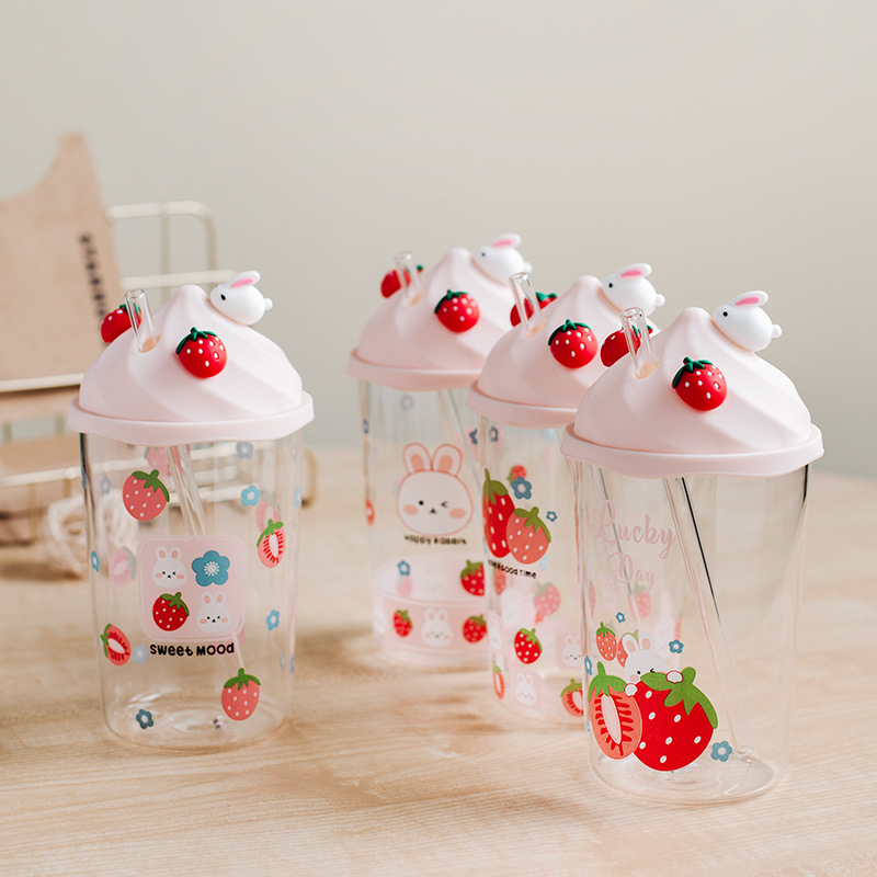 创意可爱草莓兔子马克杯 卡通少女心玻璃吸管杯 大容量咖啡水果杯