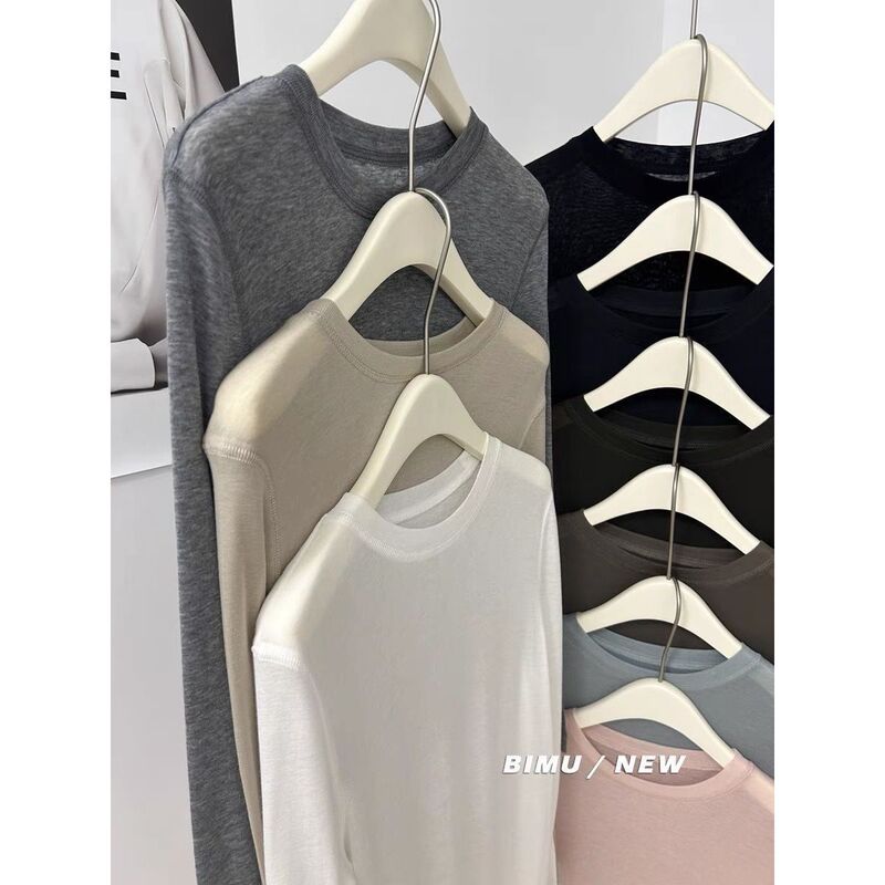 Thin Tencel Wool Mask-Style Round Neck Long-Sleeve T-Shirt for Women, Autumn and Winter Stylish Solid Color Simple Top, Skin-Friendly Trendy Slim Fit