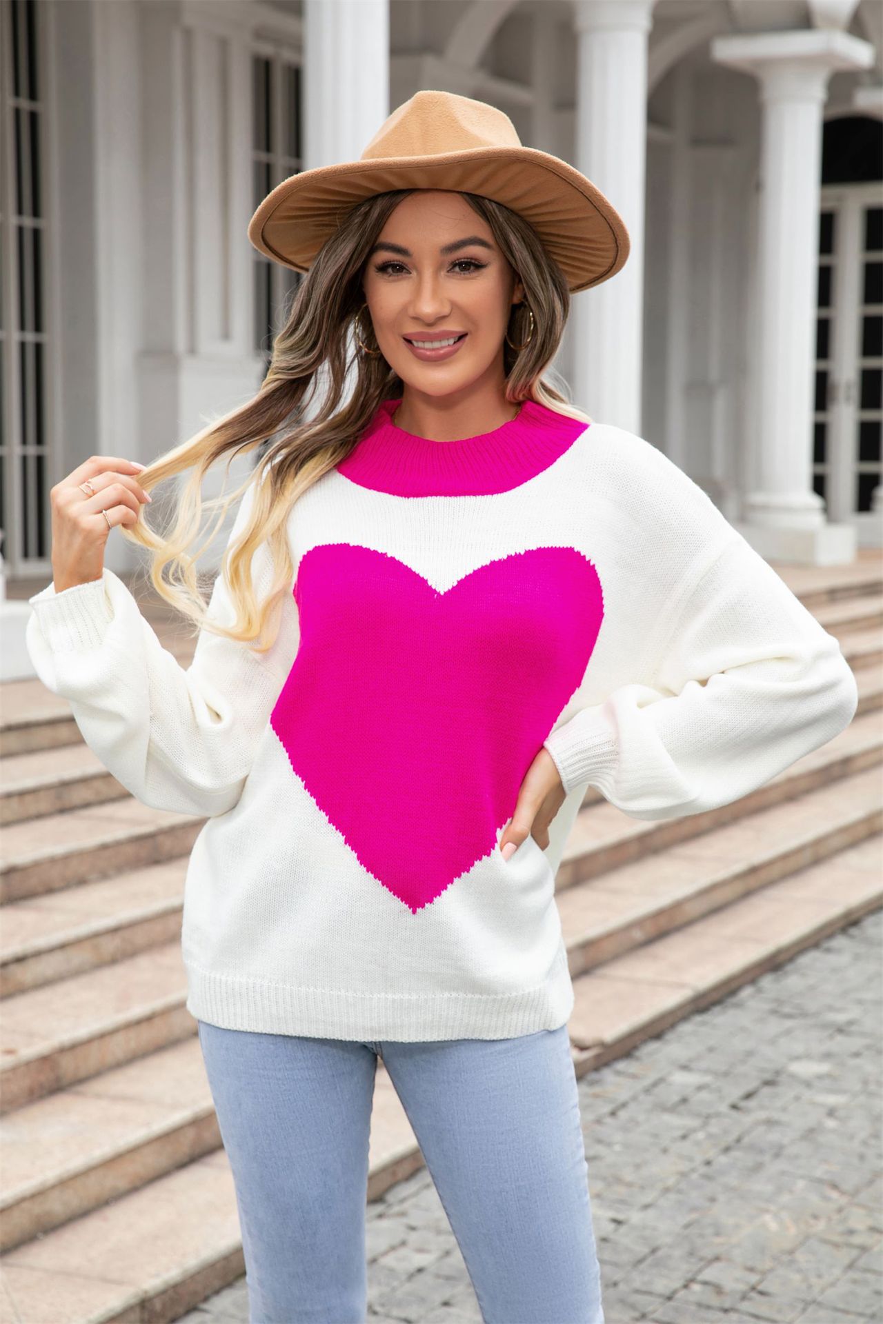 Suéter de Punto con Cuello Redondo y Estampado de Corazón Grande para el Día de San Valentín, Novedades de Primavera 2025, Comercio Exterior de Amazon, para Mujer