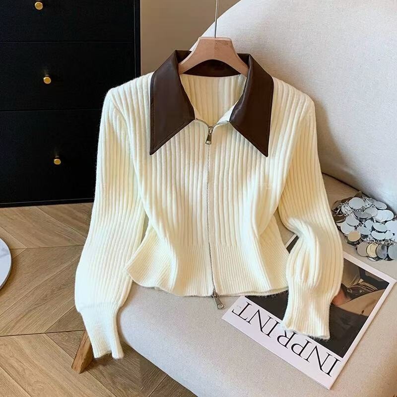 Foreign trade double-zipper ribbed knit cardigan with contrasting leather collar, new autumn and winter versatile casual sweater top