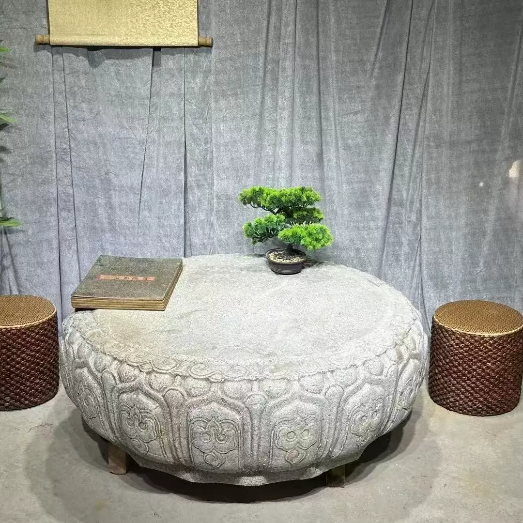 仿古石雕青石茶桌户外做旧庭院茶室落地式摆件圆形禅意石鼓喝茶台