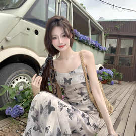 清冷水墨蝴蝶碎花吊带连衣裙女2025 夏季新款法式别致绝美气质裙