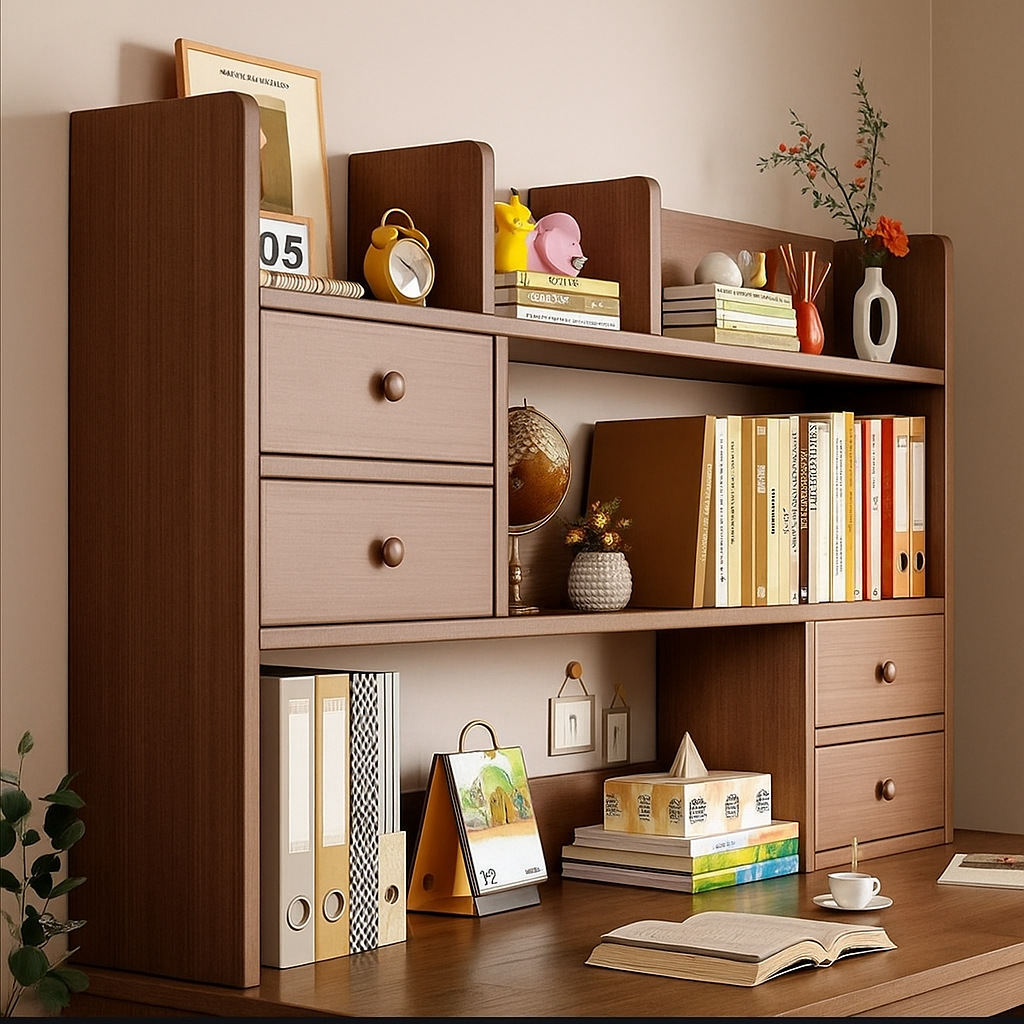 实木桌面书架书桌架家用学生简易收纳架办公立式多层小型置物架子