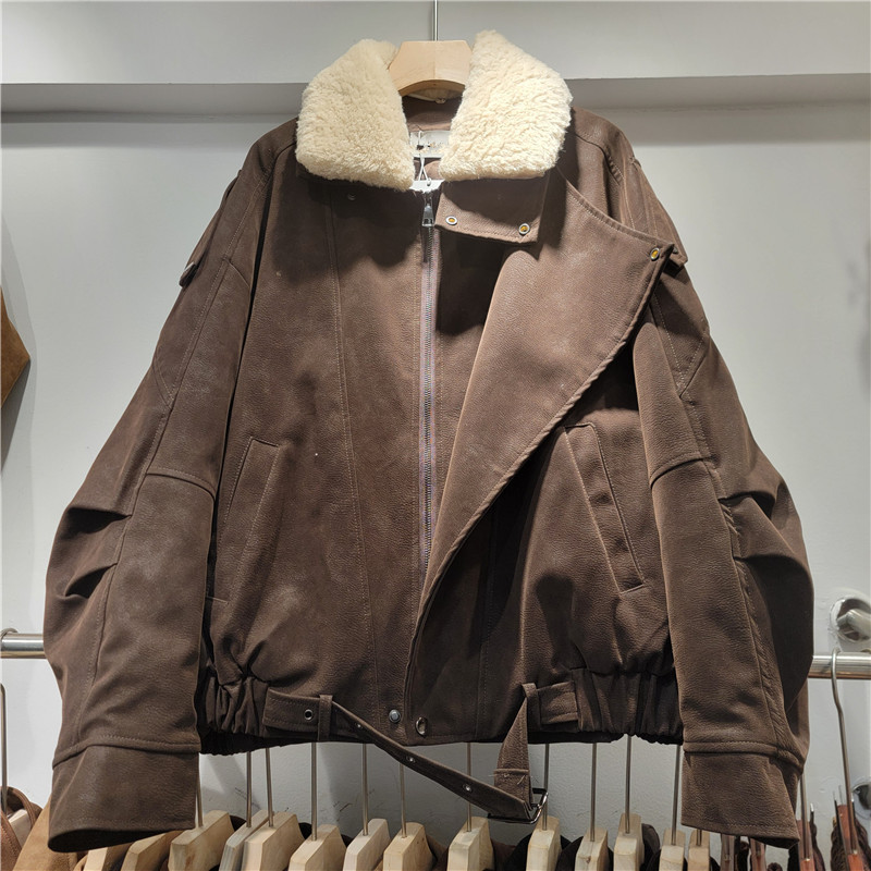 2025冬季新款美式复古宽松PU皮加厚外套女设计感机车服夹克上衣|undefined