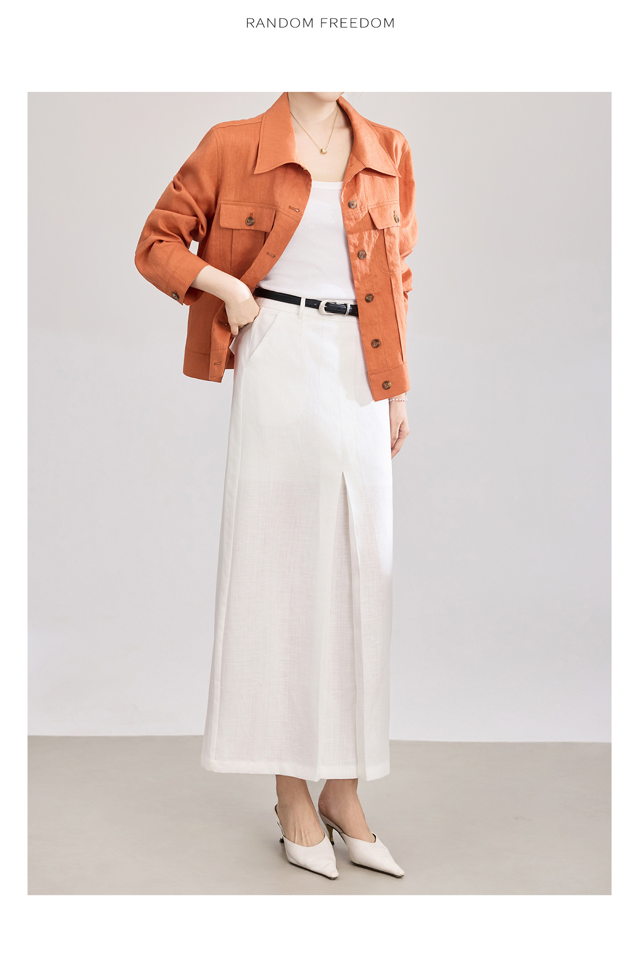 Chân váy xếp ly nữ cạp trung thấp, chất liệu tencel linen phối sọc răng cưa, xẻ tà — Xanh lông mòng đen chi tiết 15