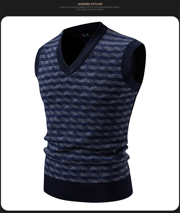 Vêtements pour hommes - Gilet en maille pour hommes - Pull d'hiver/automne ajusté à col en V sans manches - Cardigan décontracté à rayures jacquard pour jeunes_voghion.com