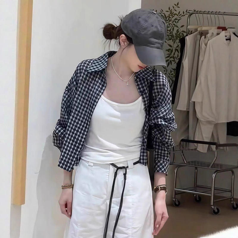 韩系休闲时尚短款衬衫背心两件套女2025夏季新款格子长袖薄款套装|undefined