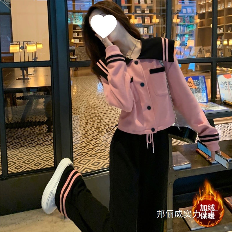 小香风加绒套装女秋冬2025年新款娃娃领减龄卫衣气质阔腿裤两件套