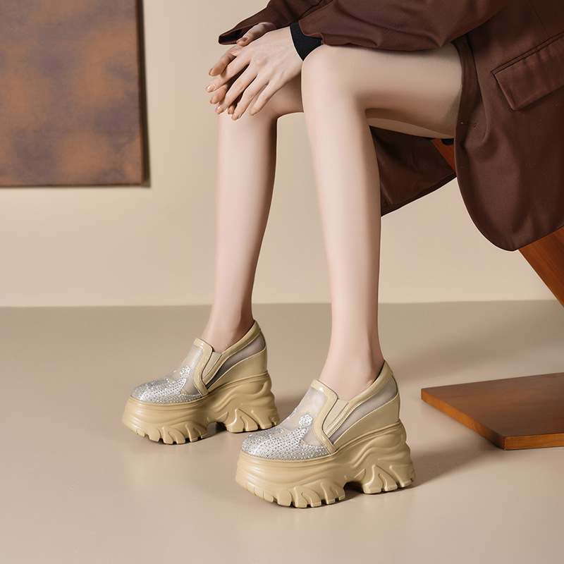 Giày sneaker platform nữ đế dày 12cm, lưới thoáng khí, phong cách loafer lỗ xỏ — Màu đen