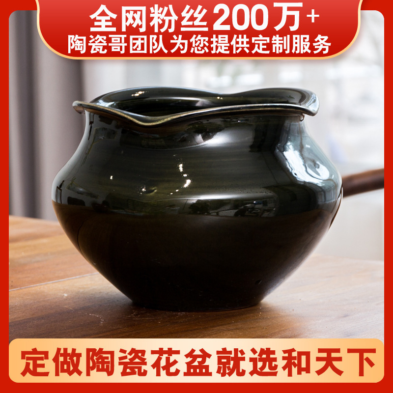 Jingdezhen Ceramic Flower Pots, Handmade with Lotus Leaf Edges, Black Gold Pots for Indoor and Outdoor Green Plants, Custom-Made by the Manufacturer