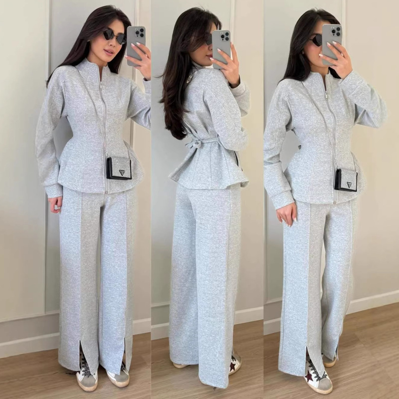 Cross-Border European and American Foreign Trade Women's Clothing 2026 Amazon Sexy Casual Stand-Up Collar Zipper Long-Sleeve Waist-Cinching Trendy Long Pants Cross-Border European and American Foreign Trade Women's Clothing 2026 Amazon Sexy Casual Stand-Up Collar Zipper Long-Sleeve Waist-Cinching Trendy Long Pants