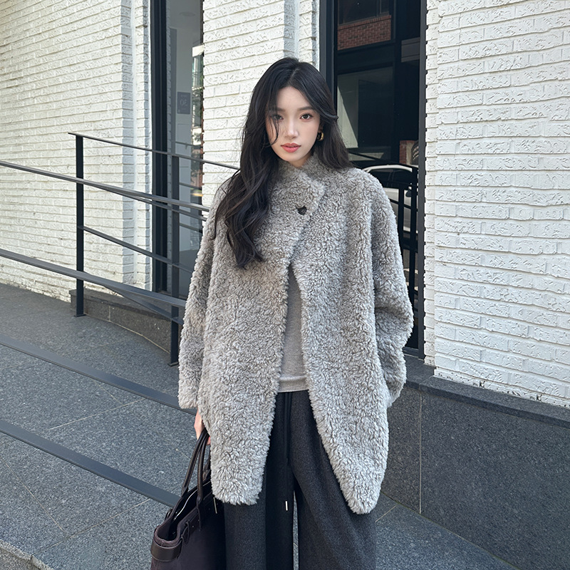 Womens Stand Collar Coat Winter 2025 Lamb Wool Fur Warm Mid Long