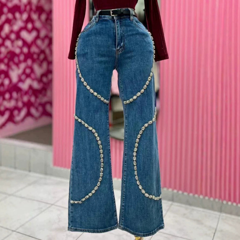 Women's Sequined Jeans Boyfriend Jeans Wide-Leg Rhinestone Denim Pants Wholesale Cargo Jeans