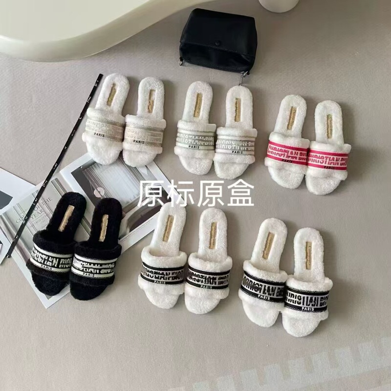 Women's Lamb Wool Flat Slippers, Fashionable Letter Strap Home and Outdoor Slippers, Winter Warm Furry Slippers