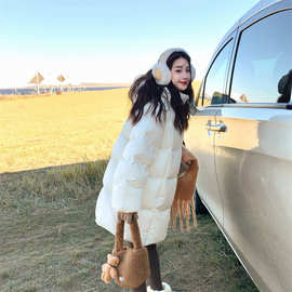 韩系千金感白色连帽中长版泡芙羽绒服外套女冬2025新款白鸭绒流行